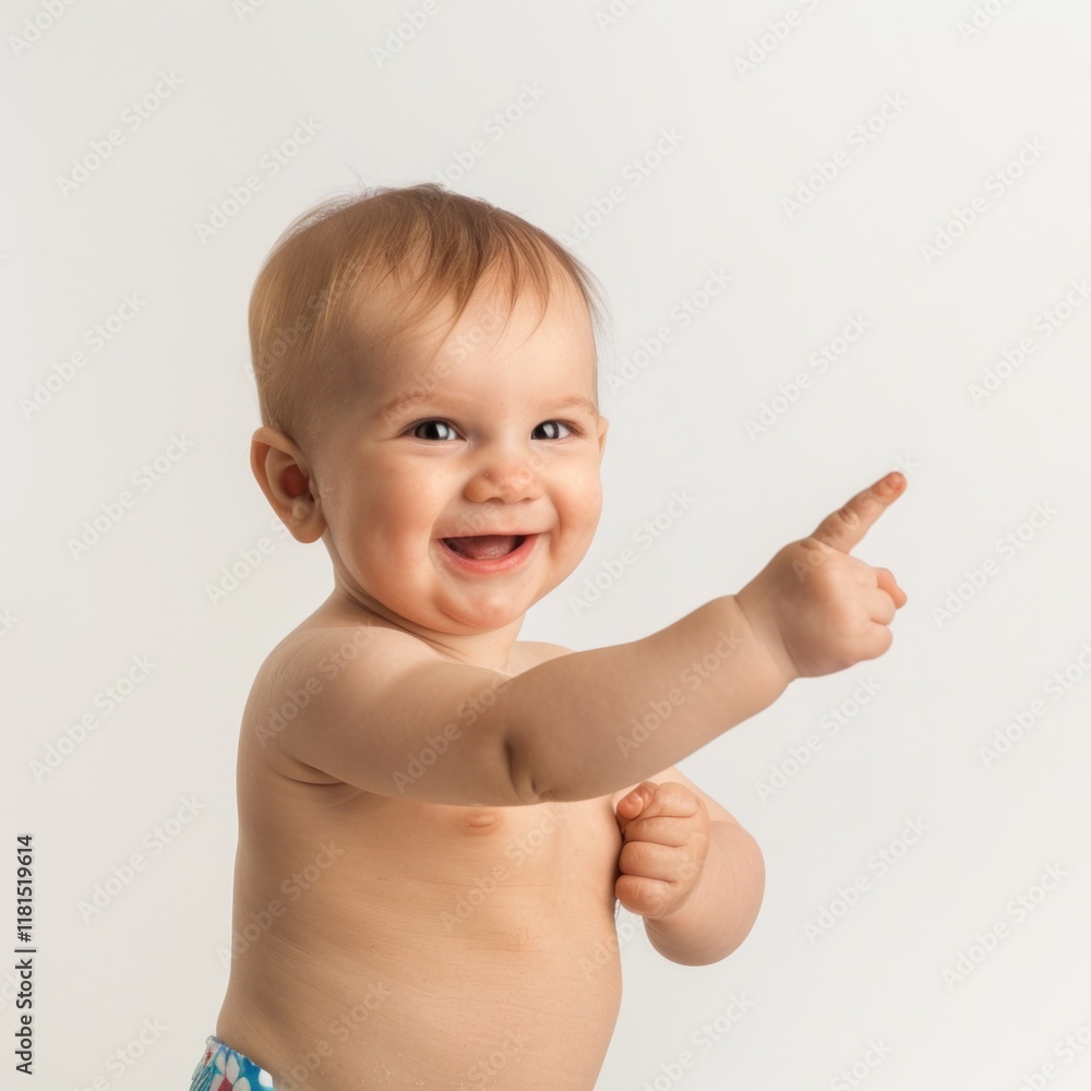 Lovey baby pointing to choose and press white background Lovey baby pointing to choose and press white background