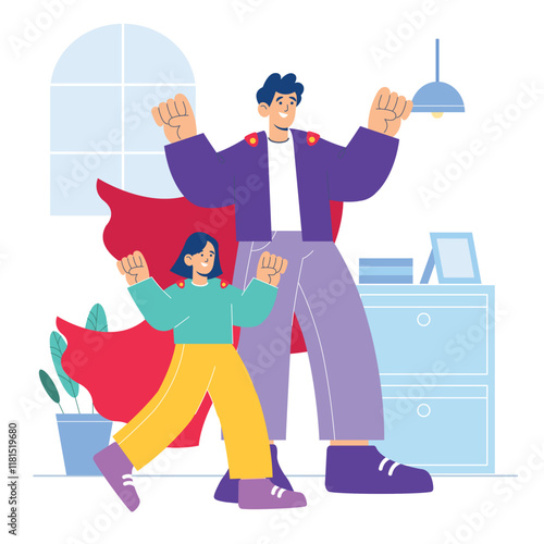 Father-son playtime illustration, capturing joy with a toy airplane in a cheerful scene.