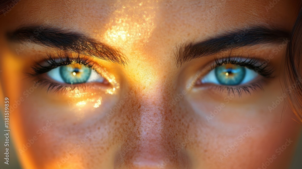 Fototapeta premium A woman with blue eyes and brown hair. The eyes are open and the sun is shining on them