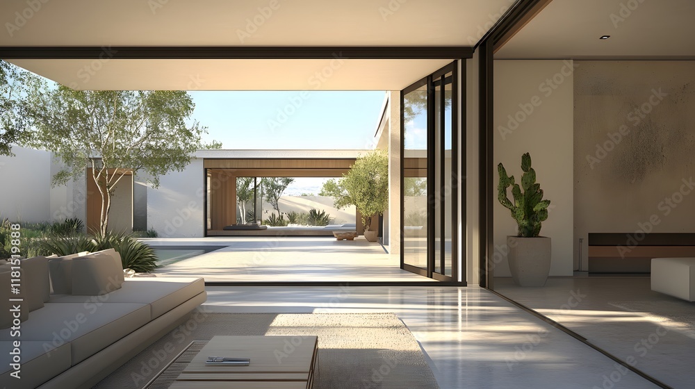 Fototapeta premium A modern pivot door with a wide glass panel and a neutral white wall.