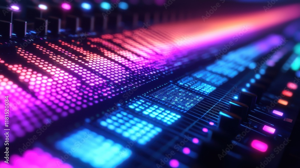 Dynamic equalizer bar glowing on dj console nightclub macro shot vibrant environment close-up view music visualization Dynamic equalizer bar glowing on dj console nightclub macro shot vibrant environment close-up view music visualization