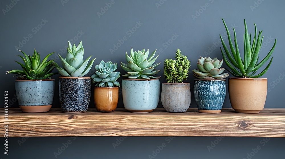 Collection of small succulents in ceramic pots arranged on a wooden shelf in a minimalist office setup Collection of small succulents in ceramic pots arranged on a wooden shelf in a minimalist office setup