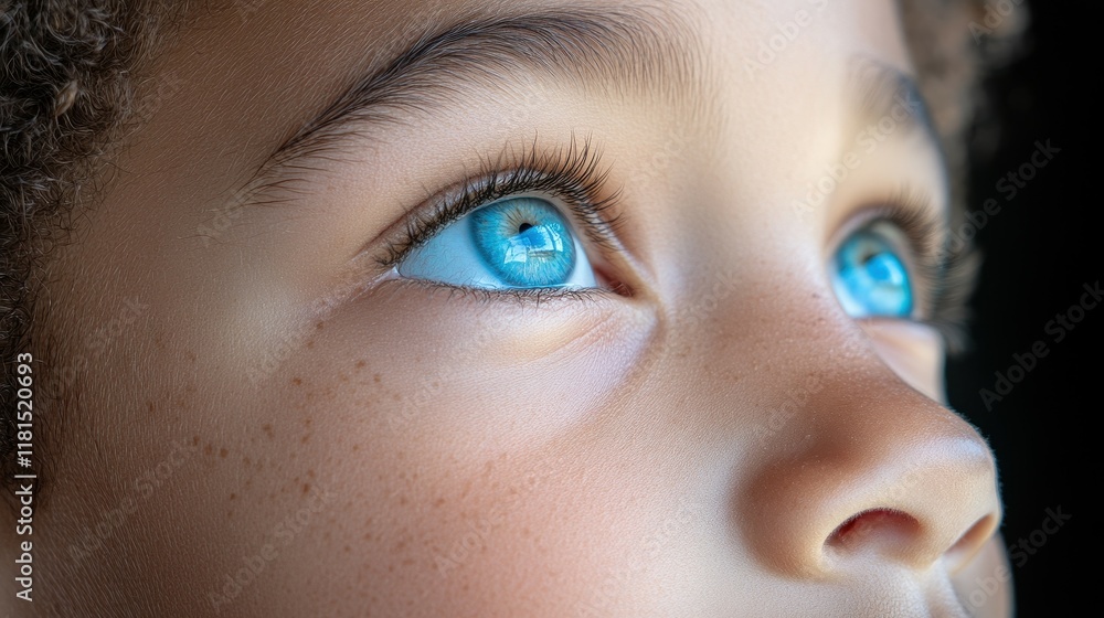 Fototapeta premium A young boy with blue eyes is looking up at the camera. Concept of innocence and curiosity, as the child's gaze is directed towards the viewer