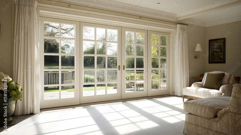 Fototapeta premium A sliding door with large glass panels, blending perfectly with the all-white surroundings.