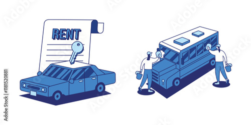 Lined isometric car rental and cleaning