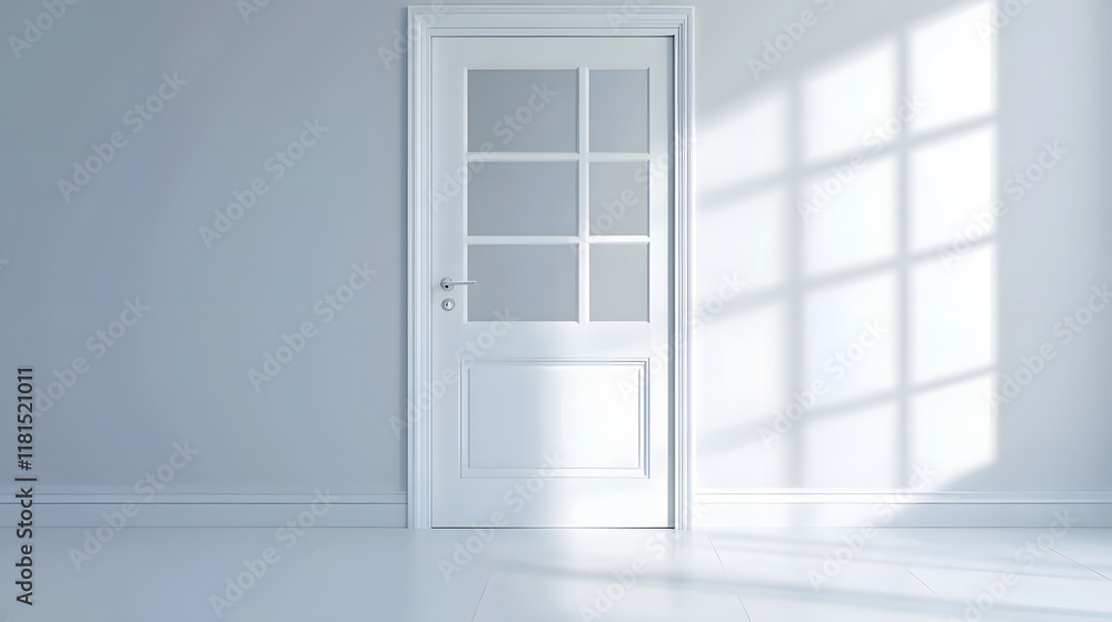 Fototapeta premium A minimalist white door with clear glass panels running vertically down the center.