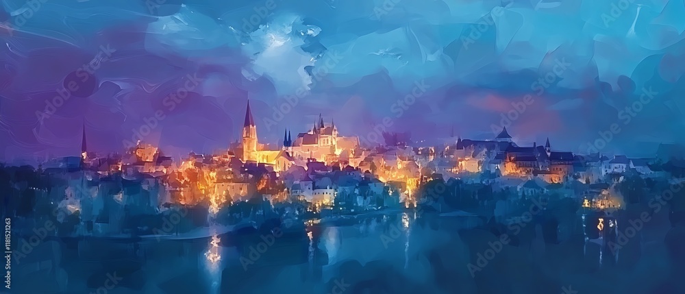 Fototapeta premium Magical twilight cityscape, vibrant colors, fairytale aesthetic. Perfect for fantasy, travel, or city themes.