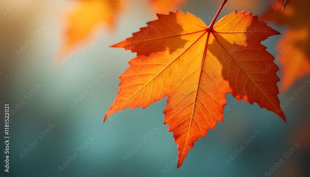 Close-Up of Vibrant Autumn Maple Leaves on Blurred Teal Background Close-Up of Vibrant Autumn Maple Leaves on Blurred Teal Background