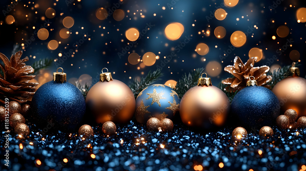 Fototapeta premium Festive Holiday Decor: Blue & Gold Ornaments, Lights, and Pine Cones