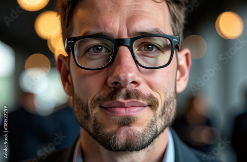 Portrait of a happy man in glasses, in a suit on a blurred background of a store. Close-up portrait of a manager, office worker. Portrait of a businessman. photo