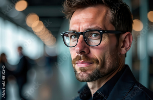 Portrait of a happy man in glasses, in a suit on a blurred background of a store. Close-up portrait of a manager, office worker. Portrait of a businessman. photo