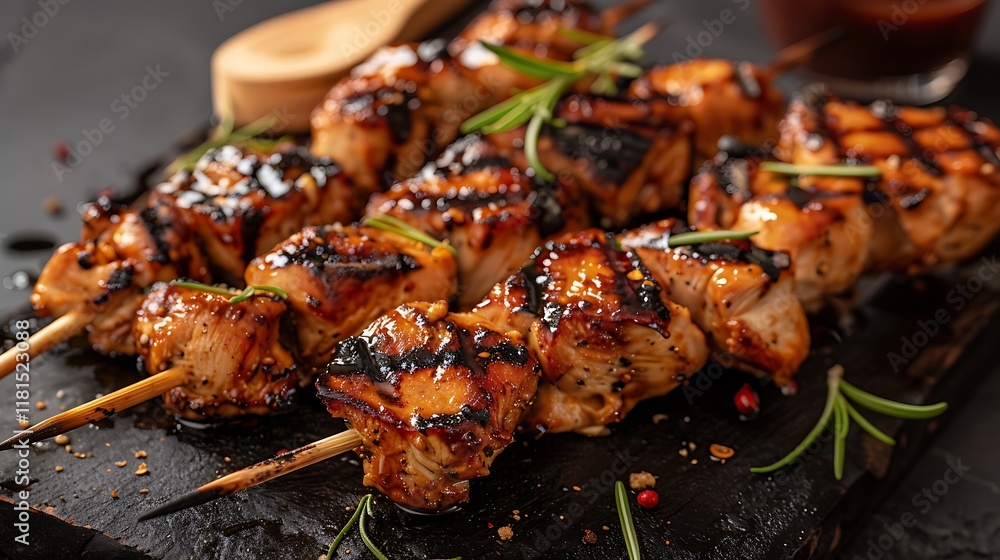 Closeup of grilled chicken kebabs with liquid and a smoky burnt look Closeup of grilled chicken kebabs with liquid and a smoky burnt look