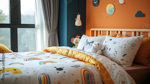 Colorful cartoonthemed bed sheet featuring animal rainbow styled playful child bedroom matching decor element photo