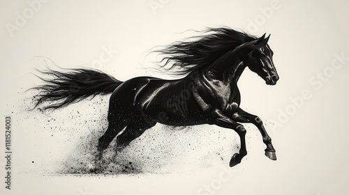 Majestic black stallion galloping, mane and tail flowing, dust trail. photo