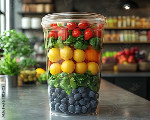 Layered fruits and vegetables in a clear container. photo