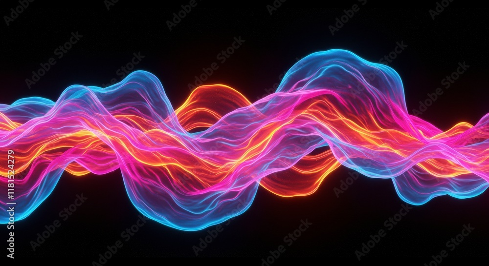 Fototapeta premium Abstract Wave of Light: Vibrant ribbons of light flow and intertwine in a mesmerizing dance of color, creating an abstract and dynamic composition. The interplay of neon pink, orange.