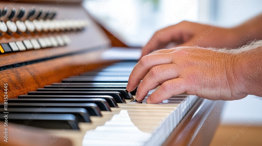 Fototapeta premium Dramatic chords echo as skilled hands dance on grand piano keys