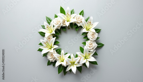 White flower wreath with lilies and roses on gray background photo