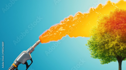 Refuel tree concept. Surreal image of tree being refueled with vibrant orange gasoline photo