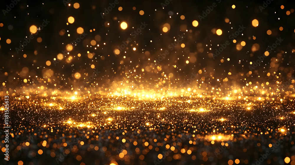 Naklejka premium Golden Glitter Sparkle on Black Background