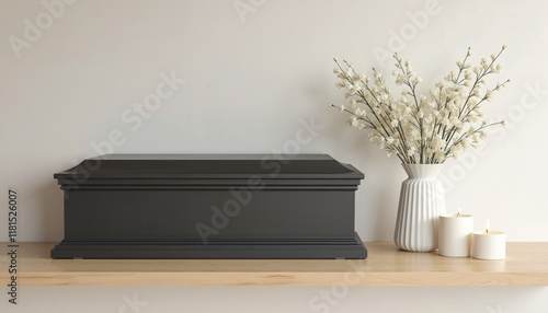 Wallpaper Mural Coffin with white flowers and candles on wooden shelf Torontodigital.ca