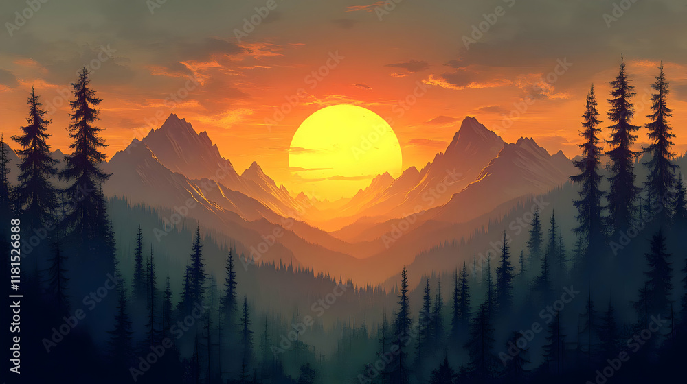 Sunset over Mountains and Forest Sunset over Mountains and Forest