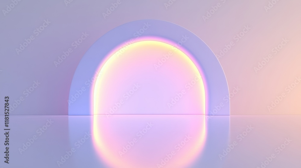 Obraz premium Minimalist 3D Render of a Glowing Archway with Soft Pastel Colors and Reflective Surface.