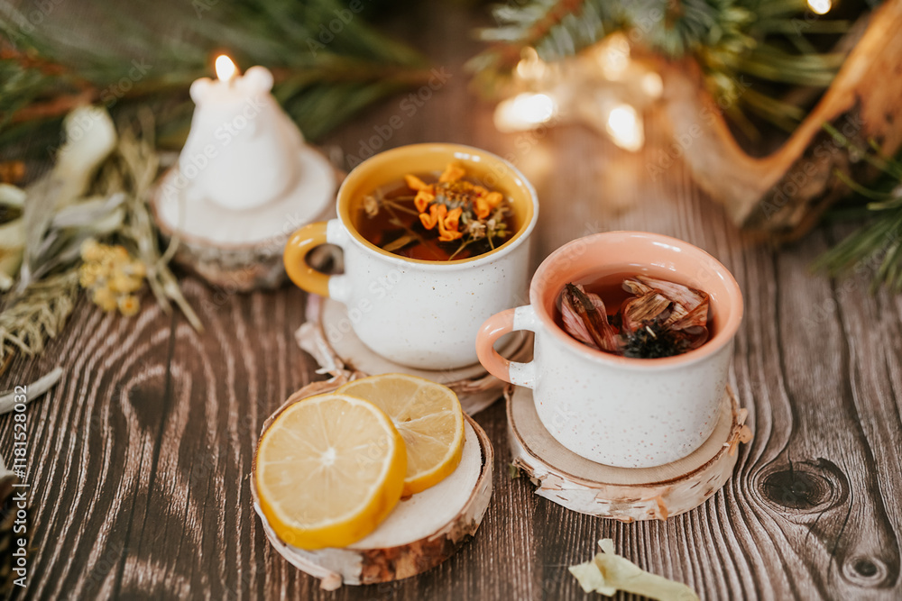 Fototapeta premium Cozy winter vibes with herbal tea, dried citrus slices, and seasonal decor – Christmas lights and fir tree branches