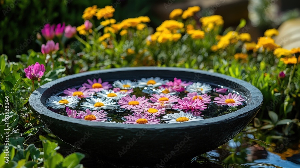 a bowl filled with water and floating flowers. beautiful atmosphere. a bowl filled with water and floating flowers. beautiful atmosphere.