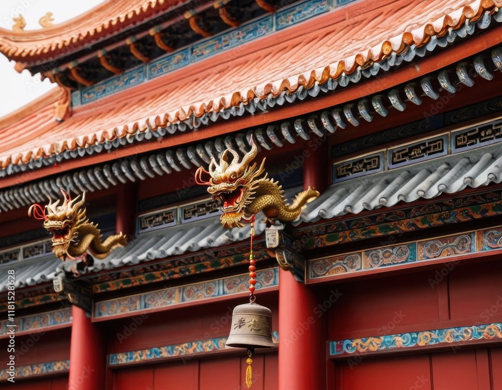 Golden dragon sculptures on a red Chinese roof, with lanterns...Concept: Chinese dragon art, traditional architecture, cultural building. Golden dragon sculptures on a red Chinese roof, with lanterns...Concept: Chinese dragon art, traditional architecture, cultural building.