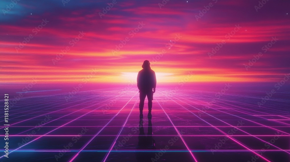 Solitary Figure on Retro Neon Grid with Vibrant Sunset Sky. Solitary Figure on Retro Neon Grid with Vibrant Sunset Sky.