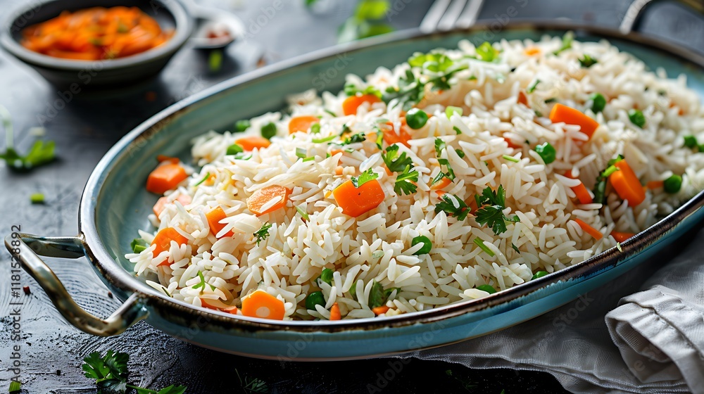Cooked rice with veggies on an aqua platter Cooked rice with veggies on an aqua platter