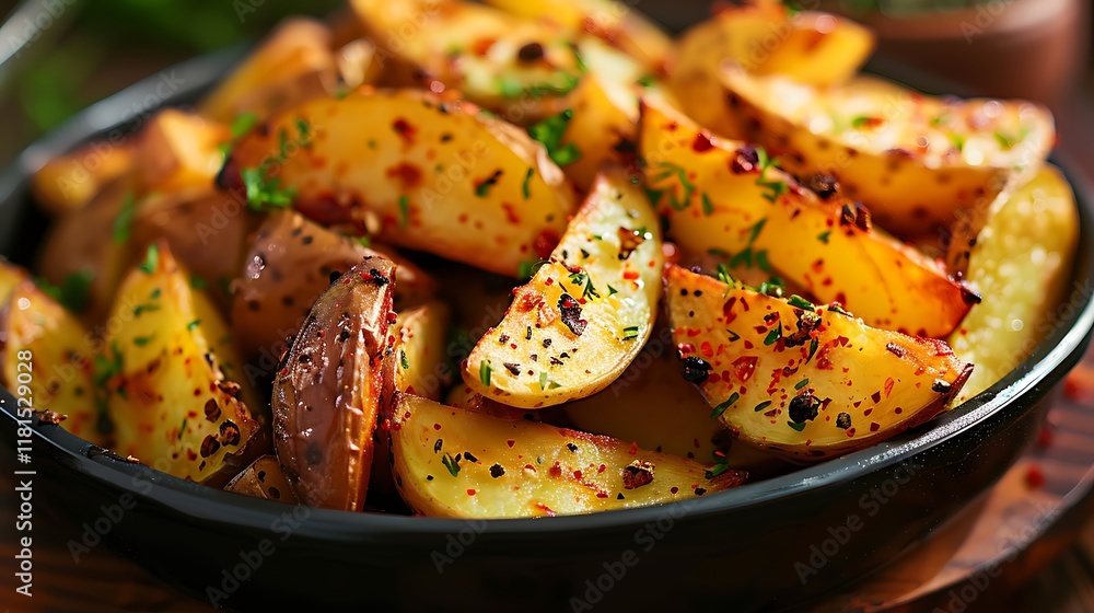 Cooked wedges of potato with seasoning in a dish Cooked wedges of potato with seasoning in a dish