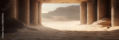 Ancient egyptian temple ruins in desert landscape with sand and hieroglyphics photo