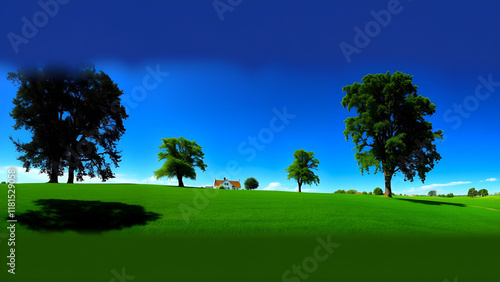 Beautiful bright landscape with green grass and blue sky. Big trees growing around the house with white walls. Countryside views. photo