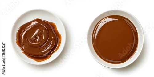 Different textures of a rich caramel sauce displayed in white ceramic bowls for culinary presentation photo