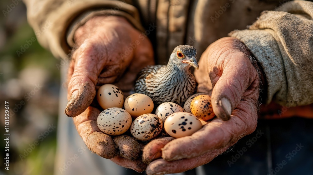 farmer holding quail eggs and quail. farmer holding quail eggs and quail.