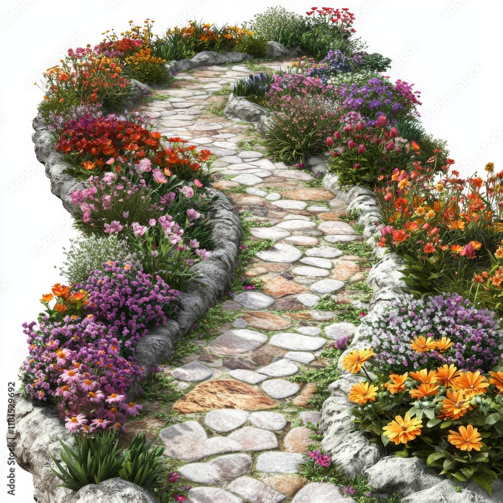 Naklejka premium Lush Garden Pathway Surrounded by Vibrant Colorful Flowers and Greenery in a Serene Natural Setting