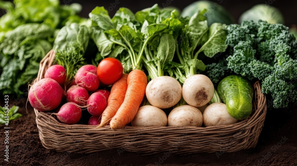 Fototapeta premium Freshly harvested vegetables in a rustic wicker basket from the farm