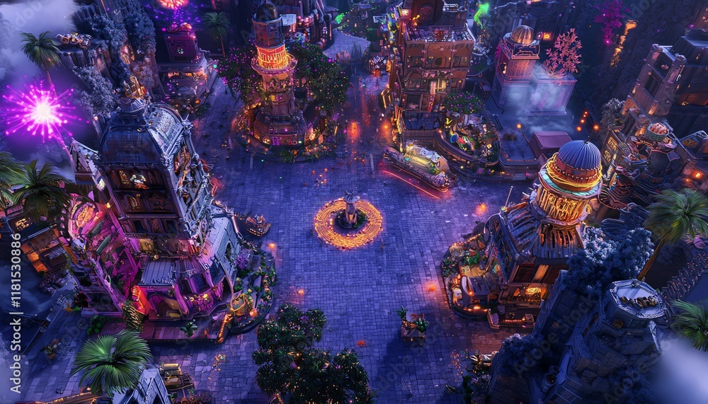 Obraz premium Aerial view of a vibrant, fantastical city at night. Illuminated buildings, waterways, and fireworks create a magical scene. Perfect for fantasy, adventure, or game design.