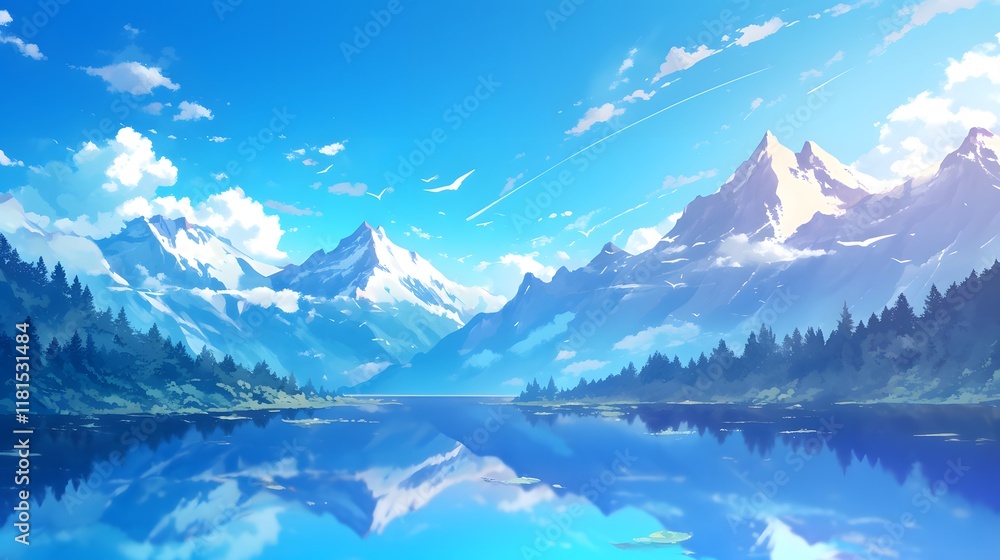 View of mountains in a calm anime style, ideal for natural settings