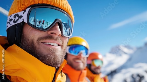 Friends sharing smiles on a ski lift in the majestic Alps photo