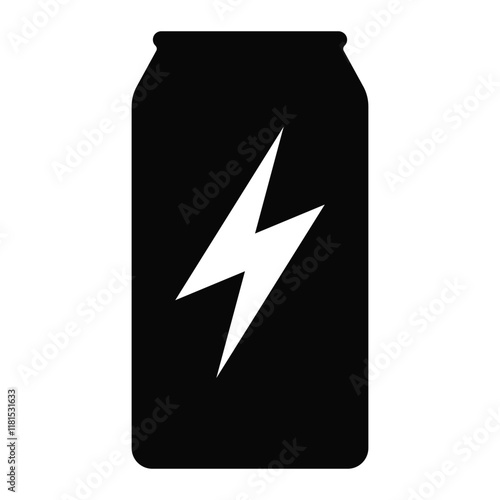 Energy drink vector icon. Lightning bolt symbol on beverage can for sports, fitness, and active lifestyle themes. Black silhouette isolated on white background.