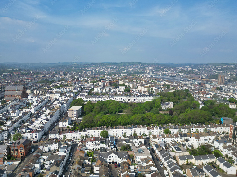 Fototapeta premium Beautiful and Attractive British Tourist Attraction and Downtown and Central Brighton seaside resort and Beach City of East Sussex, England GB. Footage Captured with Drone's Camera on May 9th, 2024