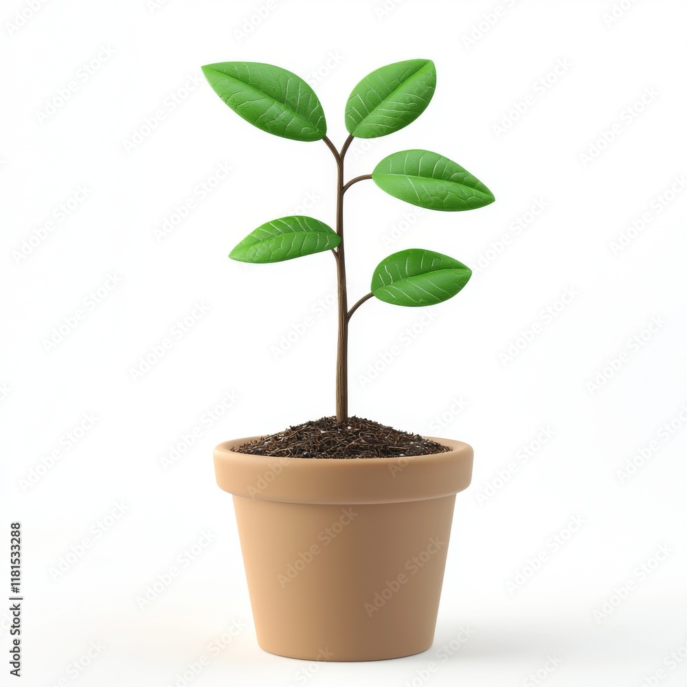 Small green plant with fresh leaves in a beige pot on a light background showcasing nature and growth concepts Small green plant with fresh leaves in a beige pot on a light background showcasing nature and growth concepts