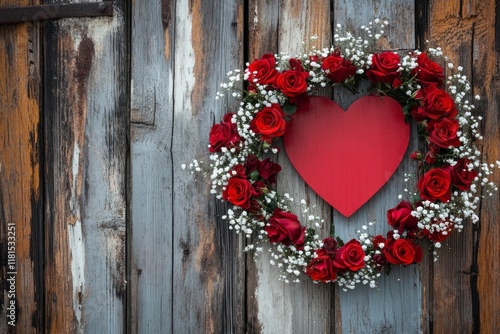 Simple and Minimal Red Heart Frame with Roses for Valentine's Day Decor Against a Rustic Wooden Background