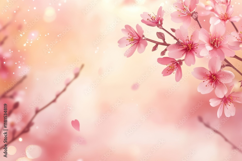 Delicate Pink Cherry Blossom Branches with Bokeh Lights and Falling Petals on Soft Pastel Background. Delicate Pink Cherry Blossom Branches with Bokeh Lights and Falling Petals on Soft Pastel Background.