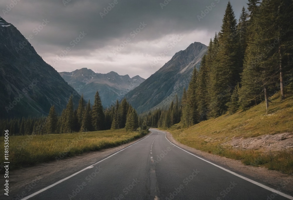 Naklejka premium empty road picturesque mountain landscape, realistic illustration