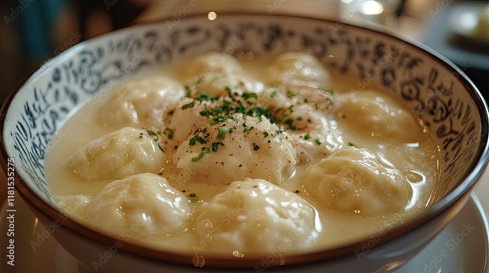 A creamy bowl of chicken and dumplings, with tender chicken pieces and fluffy dumplings floating in broth. A creamy bowl of chicken and dumplings, with tender chicken pieces and fluffy dumplings floating in broth.