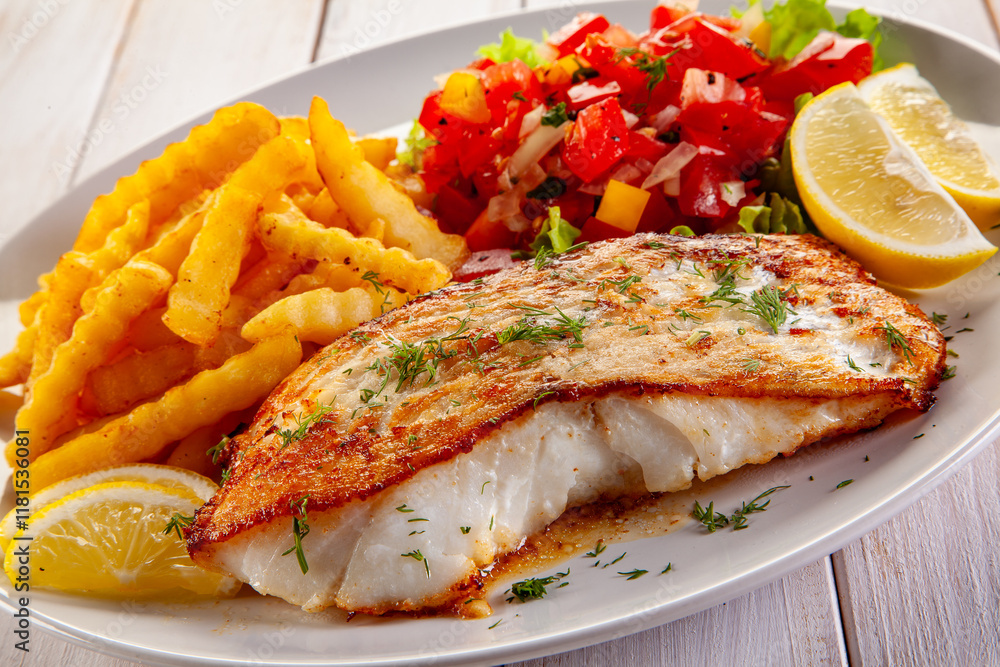 Fish dish - fried cod fillet with fresh salad and french fries served on wooden table Fish dish - fried cod fillet with fresh salad and french fries served on wooden table